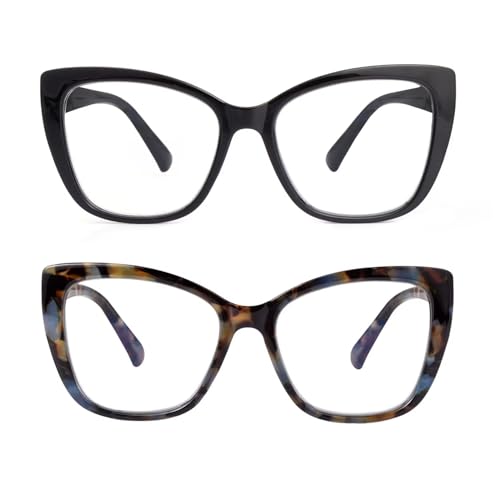 SKYWAY 2er-Pack Übergröße Lesebrille Damen, Groß Mode Quadratische Cat Eye Blaulicht Blockierende Computerbrille mit Sehstärke (Schwarz/Blaues Schildpatt,3.5) von SKYWAY