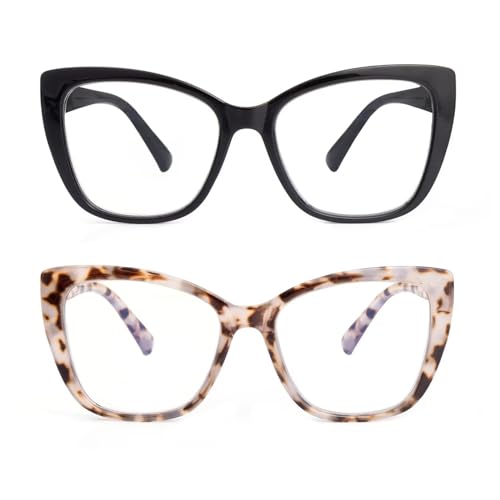 SKYWAY 2er-Pack Übergröße Lesebrille Damen, Groß Mode Quadratische Cat Eye Blaulicht Blockierende Computerbrille mit Sehstärke (Schwarz/Weißes Schildpatt,3.0) von SKYWAY