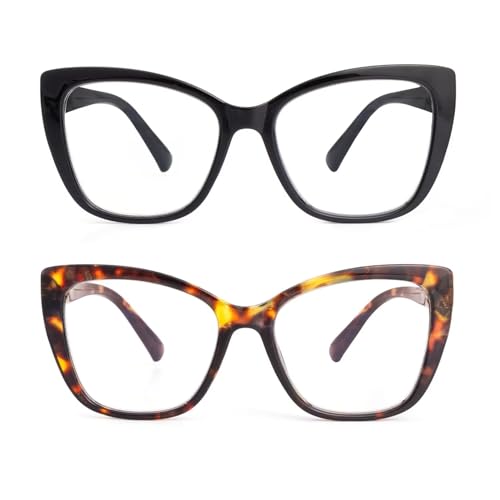SKYWAY 2er-Pack Übergröße Lesebrille Damen, Groß Mode Quadratische Cat Eye Computerleser Blaulichtfilter Brille mit Sehstärke (Schwarz/Schildpatt,1.0) von SKYWAY