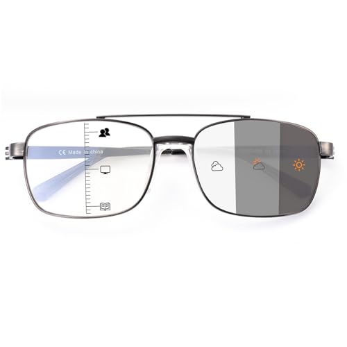SKYWAY Selbsttönend Gleitsichtbrille Herren mit Blaulichtfilter,Pilot-Metallrahmen Gleitsicht Lesebrille Multifokalbrille,Photochrome Progressive Multifokale Lesebrille (Gunmetal,3.5) von SKYWAY