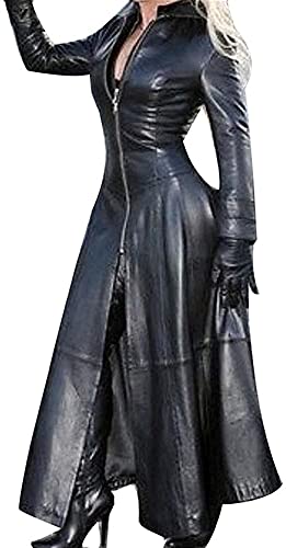 SKYWPOJU Damen PVC Leder Trenchcoat Jacke mit Reißverschluss Sexy Kleid Body Clubwear Langer Lack-Mantel (Color : Black, Size : XL) von SKYWPOJU