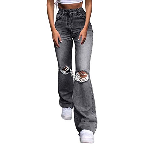 SKYWPOJU Damen Schlaghose Y2K Mode High Waist Bootcut Pant Weite Bein Boyfriend Stretch Skinny Jeans Hosen Vintage Leopard Jeanshose Schlagjeans Streetwear (Color : Gray, Size : L) von SKYWPOJU