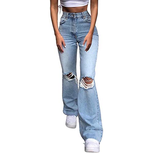 SKYWPOJU Damen Schlaghose Y2K Mode High Waist Bootcut Pant Weite Bein Boyfriend Stretch Skinny Jeans Hosen Vintage Leopard Jeanshose Schlagjeans Streetwear (Color : Light Blue, Size : M) von SKYWPOJU