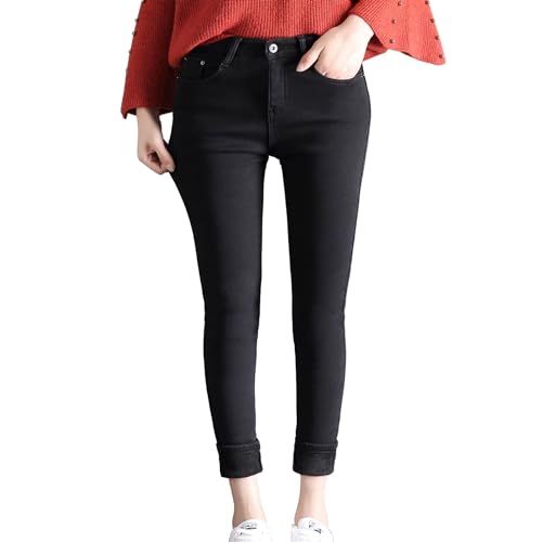 SKYWPOJU Thermojeans Damen Winterhose Thermohose Leggings mit Innenfleece Winterhose Warm Gefütterte Jeans Straight Hose mit Weitem Gummizug Band Jeans Fleece Treggings Damen von SKYWPOJU