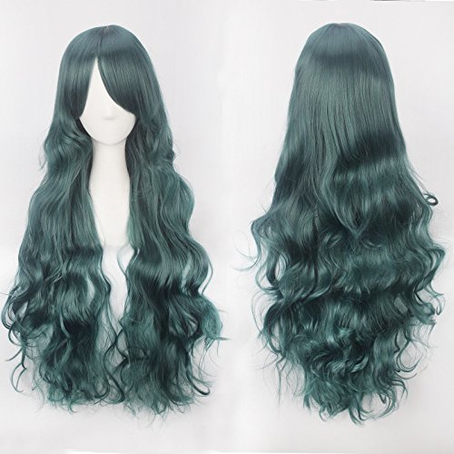 Halloween Fashion Christmas Party Dress Up Wig Cos Wig Color Anime Wig Button Net High Temperature Wire Universal 80Cm Long Curly Hair Color:K027-19 (80Cm Dark Green) von SKYXD