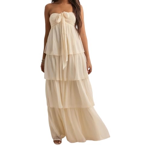 SKZZVI Cocktailkleid für Damen Trägerlos Rüschen Maxi Kleider Elegant Schulterfrei Chiffon Schlauchkleid Ballkleid Kleid (Light Yellow, S) von SKZZVI