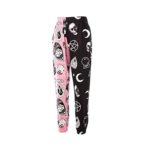 SKZZVI Damenmode Bedruckte Elastic Waist Color Block Street Loose Jogginghose mit Taschen (Black and Pink Skull, L, l) von SKZZVI