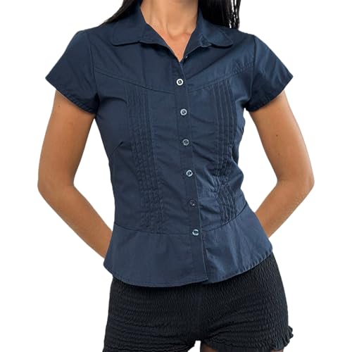 Y2K Hemden für Frauen,Kurzärmelige Karierte T-Shirts,Vintage Botton Up Slim Fit Bluse,Sommer Coquette Streetwear (A9 Dark Blue, S) von SKZZVI