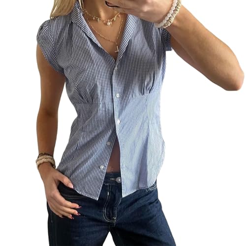 Y2K Hemden für Frauen,Kurzärmelige Karierte T-Shirts,Vintage Botton Up Slim Fit Bluse,Sommer Coquette Streetwear (Blue, M) von SKZZVI