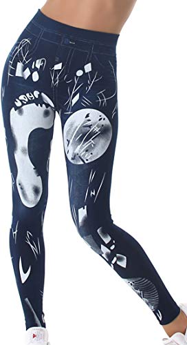 SL1 Damen High-Waist Jeggings Jeans-Look Leggings Hoher Bund Print Stretch, Big Foot von LS2