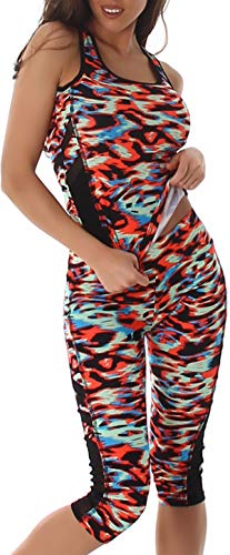 SL1 Damen Sport-Anzug Sport-Shirt Sport-Hose Trainingsanzug Set Zweiteiler Gymnastik Outfit Fitness-Set Top Sport-Leggings Capri, Bunt LXL von SL1