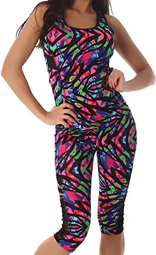 SL1 Damen Sport-Anzug Sport-Shirt Sport-Hose Trainingsanzug Set Zweiteiler Gymnastik Outfit Fitness-Set Top Sport-Leggings Capri, Bunt LXL von SL1