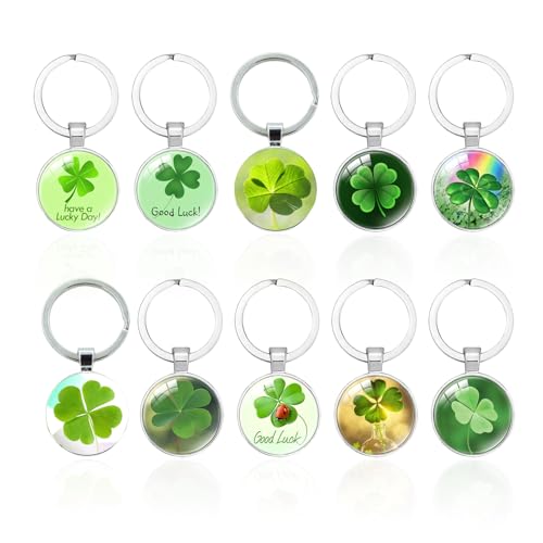 SLAXJNE 10 Stück Vierblättriges Kleeblatt-Schlüsselanhänger, Grüner Anhänger-Schlüsselanhänger, Tragbarer Schlüsselanhänger, Metall-Schlüsselanhänger von SLAXJNE
