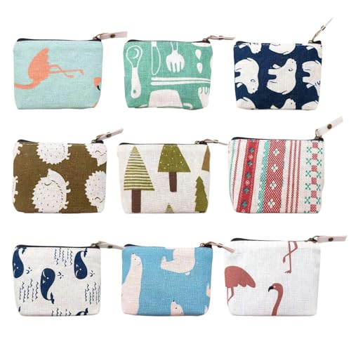 SLAXJNE 9 Stück Damen-Geldbörse, Cartoon-Geldbörse, Canvas-Kosmetiktasche, Mini-Schlüsseltasche, Tragbare Geldbörse von SLAXJNE