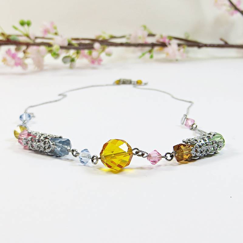 Edwardian 1910Er Jahre Halskette, Mehrfarbige Vintage Facettierte Kristallhalskette, Zarte Zierliche Kristallhalskette Edwardian 1910Er Jahre Halskette, Mehrfarbige Vintage Facettierte Kristallhalskette, Zarte Zierliche Kristallhalskette von SLCDesignsUK