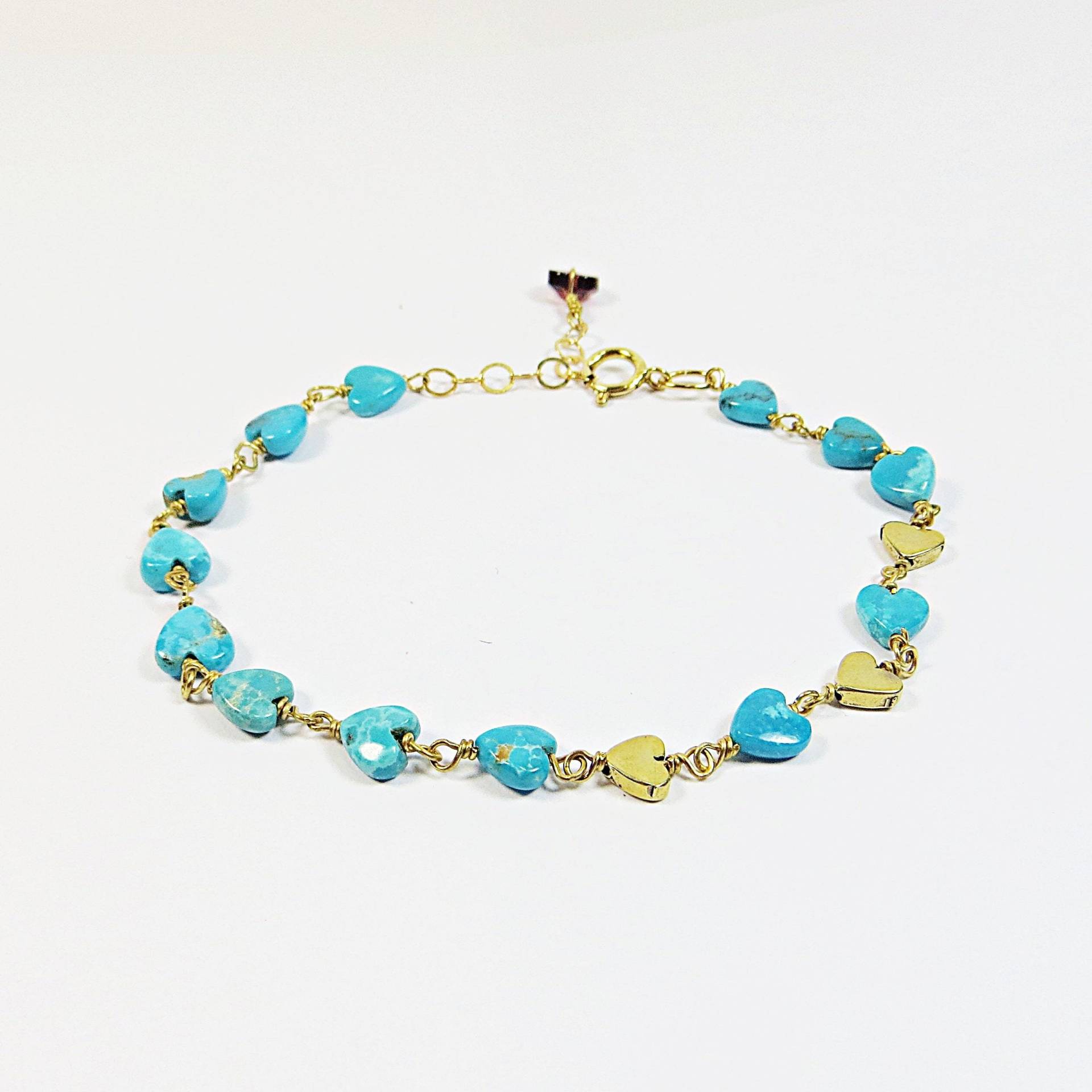 Turquoise Hearts Armband, Zartes Zartes Armband Mit Echtem Türkis & 14Kt Goldfill Herzen Verlängerungskette Aus Rotem Turmalin Turquoise Hearts Armband, Zartes Zartes Armband Mit Echtem Türkis & 14Kt Goldfill Herzen Verlängerungskette Aus Rotem Turmalin von SLCDesignsUK