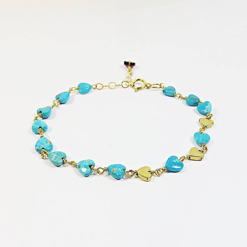 Turquoise Hearts Armband, Zartes Zartes Armband Mit Echtem Türkis & 14Kt Goldfill Herzen Verlängerungskette Aus Rotem Turmalin Turquoise Hearts Armband, Zartes Zartes Armband Mit Echtem Türkis & 14Kt Goldfill Herzen Verlängerungskette Aus Rotem Turmalin von SLCDesignsUK