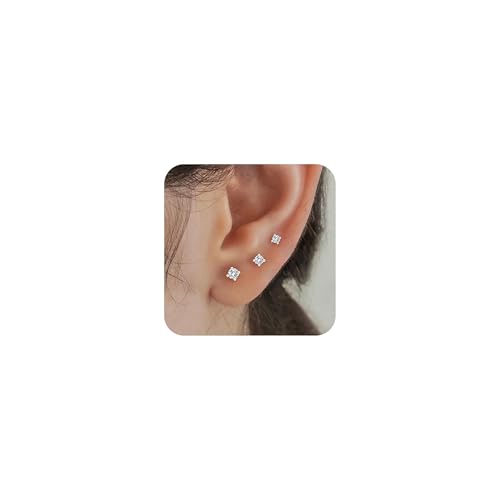 3 Paare 14K Gold Bolzenohrringe für Frauen Hypoallergene 925 Sterling Silber Post Zierzweigs Silberknorpel Tragus Ohrringe Stapel Set Trendy Small Diamond Heart Multipler Piercing -Schmuck für Männer von SLCHJX