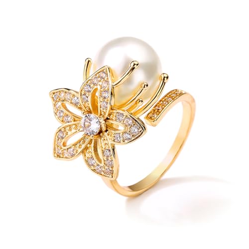 Big Flower Imitation Perlen Gold Silberringe für Frauen Ring Party Schmuck Romantische süße elegante leichte Luxusring Big Flower Imitation Perlen Gold Silberringe für Frauen Ring Party Schmuck Romantische süße elegante leichte Luxusring von SLCHJX