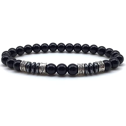 Charme Schmuck Perlen Armbänder, Perlenarmbänder natürliche schwarze Onyx -Perlen Armreifen 4 Silber Runde Anhänger Elastisches Kristallarmband Mode Kristallschmuck für Männer Frauen von SLCHJX