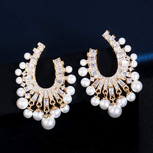 Farbe Big baumelnder Drop Perle Kubikzirkonia Ohrringe für Frauen Verlobungsfeier Schmuck von SLCHJX
