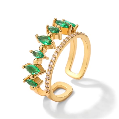 Ins Style Grüne weiße Zirkon Doppelschichtringe für Frauen Gold Silber Verstellbarer Ring -Verlobungsfeier Trendy Schmuck von SLCHJX