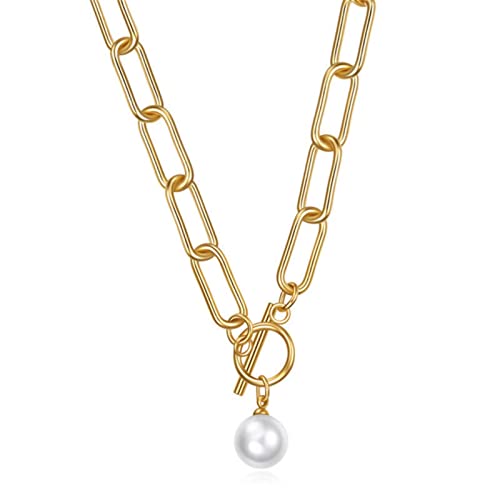 Neue Vogue Bohemian Frauen Gold Silber Farbe Titanstahl Dicke Kette Geometrische Schnalle Simulierte Perlenkette von SLCHJX