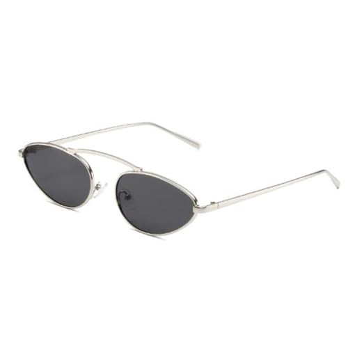 SLCHJX Kleine ovale UV-beständige Sonnenbrille aus Metall für Damen und Herren, Silberfarbener Rahmen, graue Flocken, Einheitsgröße von SLCHJX