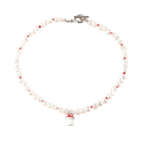 SLCHJX Pilzanhänger weiße Imitation Perlen Halskette Frauen Mädchen elegant rote Perlen Schlüsselbein Kettenkette Halskette ästhetische Geschenk von SLCHJX