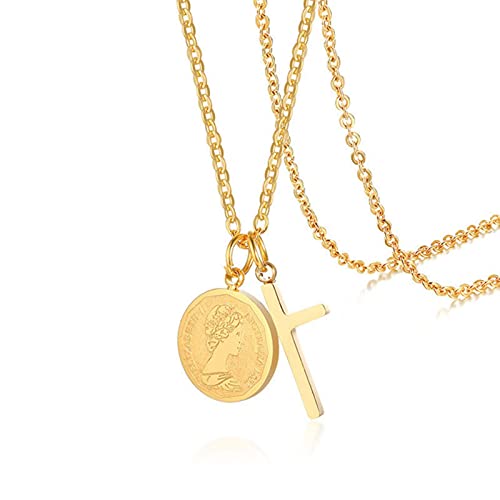 SLCHJX Pride Halskette Frauen Elizabeth Kopfmünze Halskette Goldkette Titanium Stahlkreuz Charme weibliche Bijoux von SLCHJX