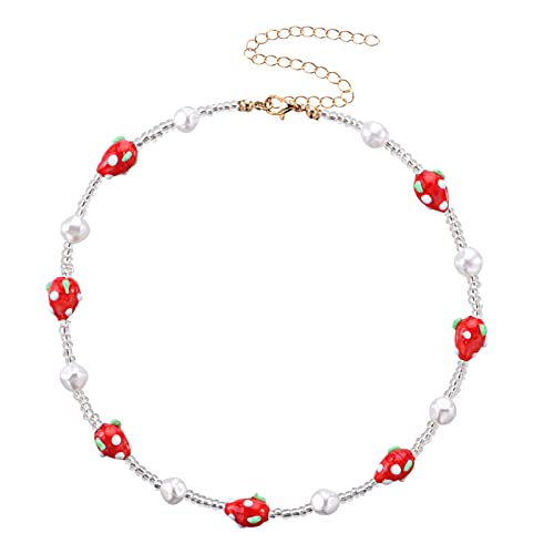 SLCHJX Süße kleine Erdbeerpilz Herzherz bunte Reisperlenimitation Perlen Halskette Frauen Mode geometrische Schmuckparty Geschenke von SLCHJX