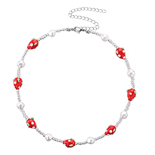 SLCHJX Süße kleine Erdbeerpilz Herzherz bunte Reisperlenimitation Perlen Halskette Frauen Mode geometrische Schmuckparty Geschenke von SLCHJX