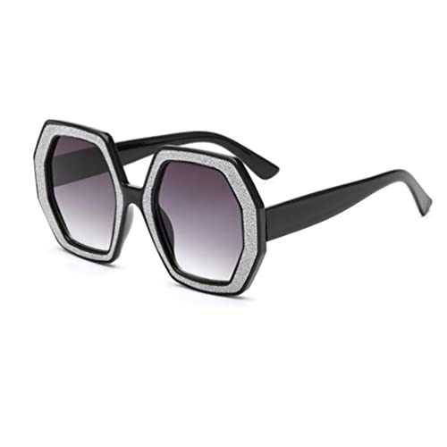 Stilvolle polygonale Sonnenbrille mit großem Rahmen, Diamant-Aufkleber, UV-beständige Sonnenbrille für Damen und Herren (blauer Rahmen, graduelles Blau), Schwarzer Rahmen, doppelte graue Flocken von SLCHJX