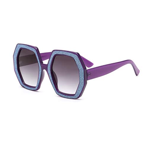 Stilvolle polygonale Sonnenbrille mit großem Rahmen, Diamant-Aufkleber, UV-beständige Sonnenbrille für Damen und Herren (blauer Rahmen, graduelles Blau), Violetter Rahmen, doppelte graue Flocken von SLCHJX