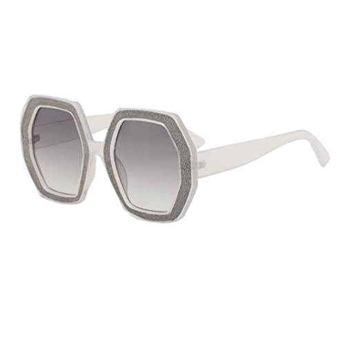 Stilvolle polygonale Sonnenbrille mit großem Rahmen, Diamant-Aufkleber, UV-beständige Sonnenbrille für Damen und Herren (blauer Rahmen, graduelles Blau), Weißer Rahmen, doppelte graue Flocken von SLCHJX