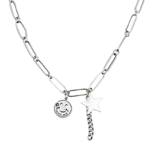 Trendy einfache Halskette Anhänger Lächeln Gesicht Star 925 Silber Hip Hop Punk Schmuck Halskette für Frauen & Mädchen Party Geschenk-Silver Trendy einfache Halskette Anhänger Lächeln Gesicht Star 925 Silber Hip Hop Punk Schmuck Halskette für Frauen & Mädchen Party Geschenk-Silver von SLCHJX