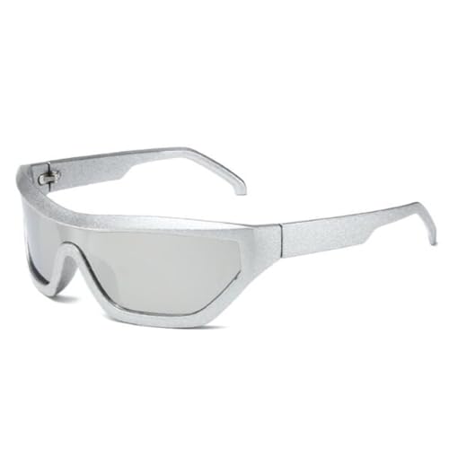 Y2K Futuristische Sonnenbrille, coole ovale Sport-Sonnenbrille für Damen und Herren, Silberner Rahmen, weißes Quecksilber, Einheitsgröße von SLCHJX