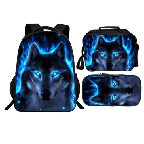 SLCSL Rucksack Blau Cool Wolf Print 3 In 1 Student Bookbag Schultaschen Set, Rucksack für Kinder, Jungen, Mädchen, Teenager,Schulrucksack, 40x30x15cm von SLCSL