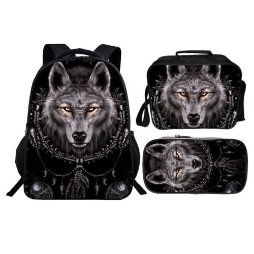 SLCSL Rucksack Blau Cool Wolf Print 3 In 1 Student Bookbag Schultaschen Set, Rucksack für Kinder, Jungen, Mädchen, Teenager,Schulrucksack, 40x30x15cm von SLCSL