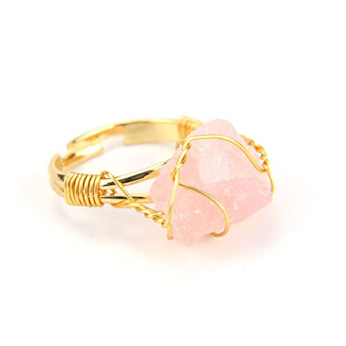 Ring Damen, Natürlicher Rosenquarz Stein Kristall Offene Ringe Unregelmäßige Goldene Fadenwicklung Stapelbare Reiki-Balance Verstellbare Fingerringe Schmuck Hochzeitsgeschenk Für Frauen Männer von YANQSHM