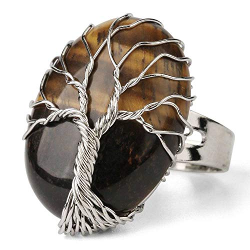 YANQSHM Ring Damen, Natürlicher Tigerauge Stein Kristall Offene Ringe Handaufzug Oval Lebensbaum Reiki Balance Verstellbare Fingerringe Schmuck Hochzeitsgeschenk Für Frauen Männer Mit Geschenkbox von YANQSHM