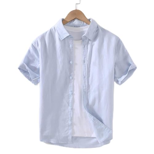 Sommer Hemden Für Herren, Vintage Fashion Hellblau Revers Baumwolle Leinen Herren Kurzarm Strandhemd Button Down Sommer Freizeithemden Schnelltrocknend Urlaubsparty Aloha Shirt Top,XL von SLEA