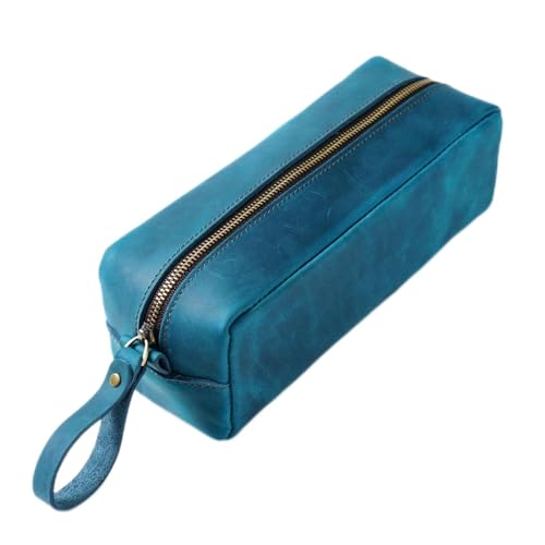 Federmäppchen aus Leder Leder-Bleistifttasche, Vintage-Leder-Reißverschluss, einfache Bleistifttasche mit großer Kapazität (Color : Blue, Size : 21x8x8cm) von SLEDEZ