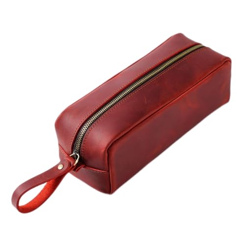 Federmäppchen aus Leder Leder-Bleistifttasche, Vintage-Leder-Reißverschluss, einfache Bleistifttasche mit großer Kapazität (Color : Red, Size : 21x8x8cm) von SLEDEZ