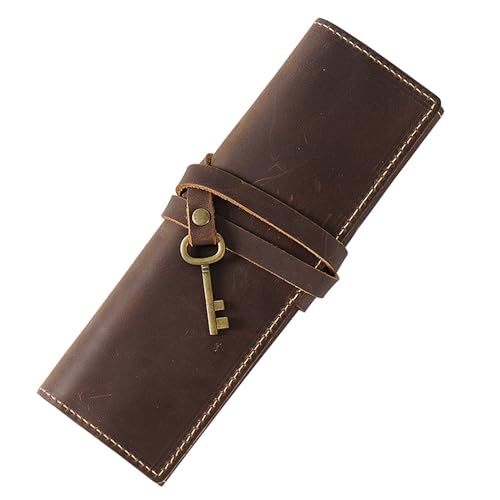 Federmäppchen aus Leder Vintage-Leder-Federmäppchen, Schlichtes multifunktionales Roll-Federmäppchen (Color : Coffee, Size : 20x18.5cm) von SLEDEZ