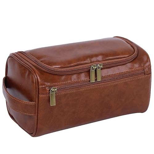 Tragbare Kulturtasche Reise-Kulturbeutel for Herren, tragbare Kosmetiktasche aus Pu-Leder (Color : Brown, Size : 14x25x13cm) von SLEDEZ