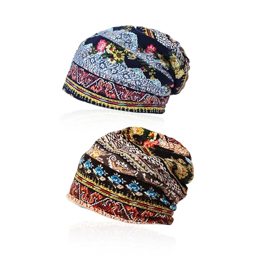 2 Stück Bedruckte Kopfbedeckungen, Ethnic Style lose Kopfbedeckungen, Frauen Wrap Turban, Sport Wrap Hut, elastische Baumwolle Kopfbedeckungen, Mond Hut, Ethnic Style Kopfbedeckung Hut von SLEEKEE