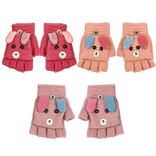 3 Paar Welpenhandschuhe Für Kinder, Winter-Halbfinger-Flip-Handschuhe Für Kinder, Austauschbare Plüschhandschuhe, Gestrickte Warme, Umwandelbare Flip-Handschuhe Für Jungen Und Mädchen von SLEEKEE