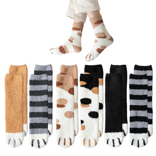 6 Paar Katzenklauen-Plüschsocken, Warme Wintersocken, Flauschige Slipper-Socken Für Damen, Verdickte Katzenklauen-Bettsocken Und Kältebeständige Socken, Geeignet Für Den Herbst- Und Wintergebrauch von SLEEKEE