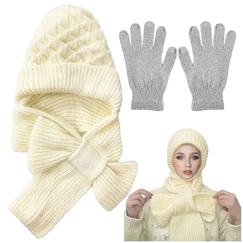 SLEEKEE 1 Stück Gehörschutz-Strickmütze, 1 Paar Handschuhe, Mütze und Schal All-in-One-Mütze, winddichte Mütze, Damenschal 2 in 1 von SLEEKEE